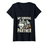 Femme Mon Partenaire de Survie Husky Dog Mountain Wilderness T-Shirt avec Col en V