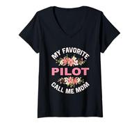 Femme Mon Pilote préféré Call Me Mom Pilotes d'avion Volant T-Shirt avec Col en V