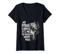 Femme Mon Pitbull est Un propriétaire de Chien drôle et Inoffensif T-Shirt avec Col en V