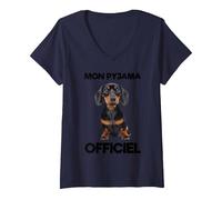 Femme Mon Pyjama Officiel Teckel T-Shirt avec Col en V, Bleu Marine, M