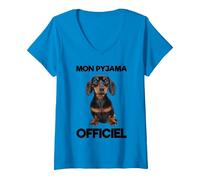Femme Mon Pyjama Officiel Teckel T-Shirt avec Col en V, Saphir, L