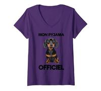 Femme Mon Pyjama Officiel Teckel T-Shirt avec Col en V, Violet, S