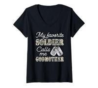 Femme Mon soldat préféré m'appelle marraine, une famille fière de l'armée américaine T-Shirt avec Col en V