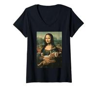 Femme Mona Lisa avec Chat Orange Peinture d'art drôle T-Shirt avec Col en V