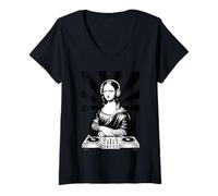 Femme Mona Lisa Casque DJ Renaissance Art Musique Lover T-Shirt avec Col en V