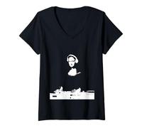 Femme Mona Lisa DJ Art - Drôle EDM Techno Rave Music T-Shirt avec Col en V