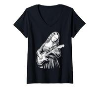 Femme Mona Lisa Jouant de la Guitare Art Drôle T-Shirt avec Col en V