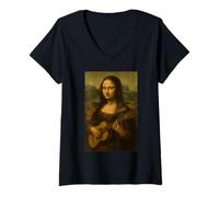 Femme Mona Lisa Jouant de la Guitare Renaissance Guitariste Musicien Art T-Shirt avec Col en V