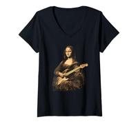 Femme Mona Lisa Joue de la Guitare électrique Retro Rock Music Superstar T-Shirt avec Col en V