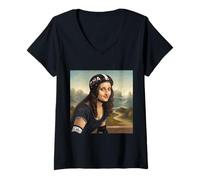 Femme Mona Lisa Roller Derby Girl Féministe Sportif Vintage Art T-Shirt avec Col en V