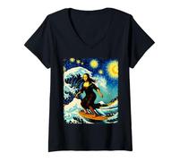 Femme Mona Lisa Surf Great Wave Nuit étoilée Art Fusion Drôle T-Shirt avec Col en V