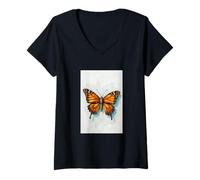 Femme Monarque Papillon Aquarelle Peinture Insecte Art Bug Nature T-Shirt avec Col en V