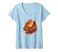 Femme Monarque Papillon Coucher de Soleil Paysage Aquarelle T-Shirt avec Col en V