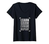 Femme Monochrome Gris Couleur Learn Grow Evolve Repeat Grey Graphic T-Shirt avec Col en V