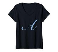 Femme Monogramme Initiale A en Bleu Clair sur Bordeaux Bordeaux T-Shirt avec Col en V