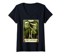 Femme Monster Frankenstein and Bride Lovers Tarot Carte Squelette T-Shirt avec Col en V