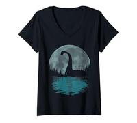 Femme Monstre du Loch Ness pour Enfants, Hommes et Femmes. Lac drôle Nessie Moon T-Shirt avec Col en V