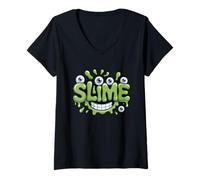Femme Monstre Slime Vert avec Yeux Globuleux Drôle T-Shirt avec Col en V