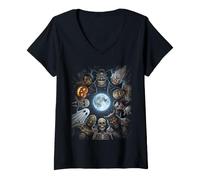 Femme Monstres d'horreur Classiques Halloween Pleine Lune T-Shirt avec Col en V