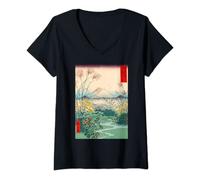 Femme Mont Fuji Fleurs Art japonais vintage T-Shirt avec Col en V