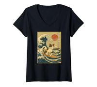 Femme Mont Fuji Vintage Sunset Wave Art japonais Surf Chat T-Shirt avec Col en V