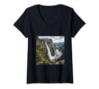 Femme Montagne Cascade Falaise Paysage Photographie T-Shirt avec Col en V