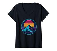 Femme Montagne Rétro Coucher de Soleil années 70 80 Design nostalgique Synthwave T-Shirt avec Col en V