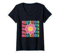 Femme Montessori Teaching Method Retro 1980s Groovy Typographie T-Shirt avec Col en V