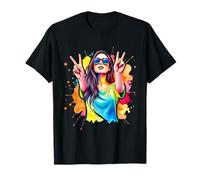 Femme montre le signe de la paix - Éclaboussures colorées des années 70 1 - Fan Fun T-Shirt