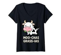 Femme Moo-chas Grass-ias Vache Mignonne Meme Brainrot T-Shirt avec Col en V