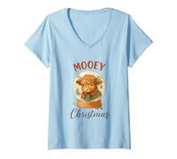 Femme Mooey Christmas Highland Cow Snow Globe Cozy Holiday T-Shirt avec Col en V