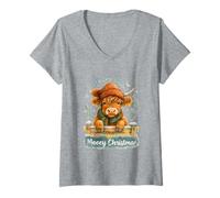 Femme Mooey Christmas Highland Cow Winter Watercolor T-Shirt avec Col en V