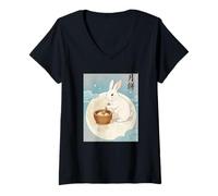 Femme Moon Rabbit Mochi Maker Céleste Mi-Automne Festival Art T-Shirt avec Col en V