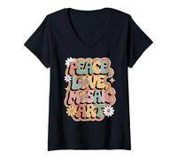 Femme Mosaïque artistique rétro années 60 et 70 - Style hippie - Peace Love T-Shirt avec Col en V