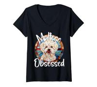 Femme Mosaïque colorée obsédée maltaise pour Amoureux des Chiens T-Shirt avec Col en V