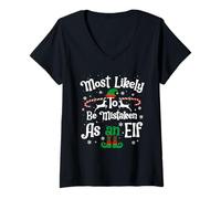 Femme Most Likely to Be Mistaken As an Elf Christmas Matching Xmas T-Shirt avec Col en V