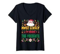 Femme Most Likely to Shake The Presents Outfit Funny Xmas Pajamas T-Shirt avec Col en V