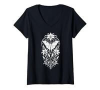 Femme Moth Luna Moth White Lily Botanical Art Nouveau T-Shirt avec Col en V