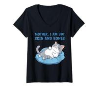 Femme Mother, I Am But Skin and Bones Funny Cat Mom Lover T-Shirt avec Col en V