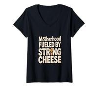 Femme Motherhood Fueled by String Cheese Funny Mom Snack Humour T-Shirt avec Col en V