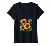 Femme Motif Abeille et Tournesol T-Shirt avec Col en V