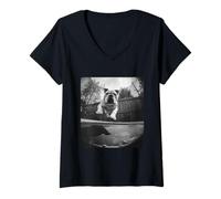 Femme Motif Amusant Bulldog sautant sur Un Trampoline pour Amoureux des Chiens T-Shirt avec Col en V