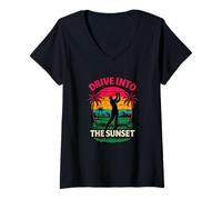 Femme Motif Amusant de Golf rétro Drive Into The Sunset T-Shirt avec Col en V