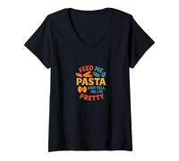 Femme Motif Amusant Feed Me Pasta and Tell Me Pretty T-Shirt avec Col en V