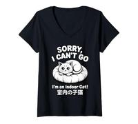 Femme Motif Amusant pour Les Amoureux des Chats « Sorry I Can't Go I'm an Indoor Cat » T-Shirt avec Col en V