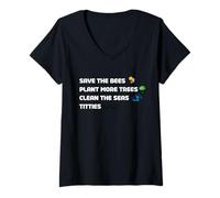 Femme Motif amusant « Save the Bees, The Seas and the Trees » T-Shirt avec Col en V