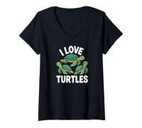 Femme Motif animaux marins avec inscription « I Love Turtles » T-Shirt avec Col en V