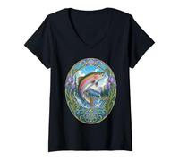 Femme Motif Arc-en-Ciel pour pêche à la Truite T-Shirt avec Col en V