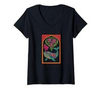 Femme Motif baleine iris orque art floral T-Shirt avec Col en V