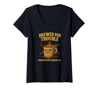 Femme Motif café Occidental Amusant Brewed for Trouble T-Shirt avec Col en V